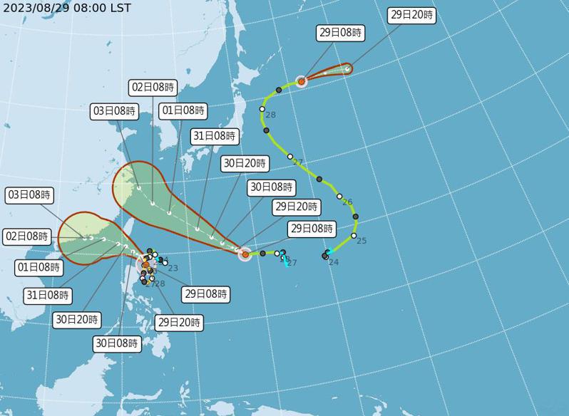 目前三颱共存，包括蘇拉颱風（左）、海葵颱風（中）及丹瑞颱風（右）。擷取自氣象局網站