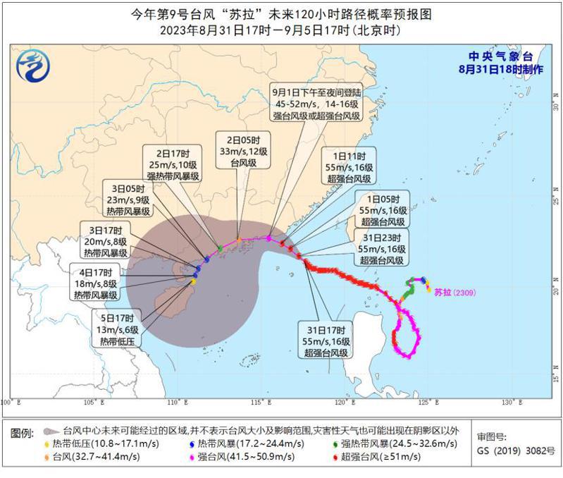 大陸中央氣象台31日晚間6點持續對蘇拉颱風發布颱風紅色預警，颱風中心預計於9月1日下午至夜間在廣東惠來到香港一帶沿海登陸，但路徑仍存有變數。（取自大陸中央氣象台網站）