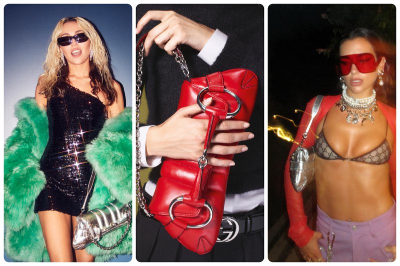 Horsebit Chain包款相繼為麥莉希拉（Miley Cyrus）、Dua Lipa所造型儼然化身秋冬最夯IT Bag。圖 / 翻攝自IG、GUCCI提供（合成圖）