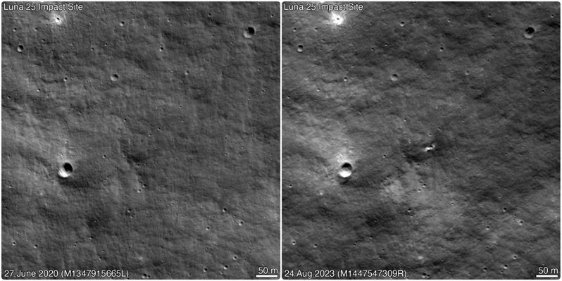 美國NASA的月球勘測軌道飛行器拍攝影像的組合照，可見到新撞擊坑出現前後的2020年6月27日（左）跟2023年8月24日（右）月表，右圖中央的撞擊坑可能就是俄羅斯「月球25號」任務撞月的地點。（路透 & NASA's Goddard Space Flight Center/Arizona State University）