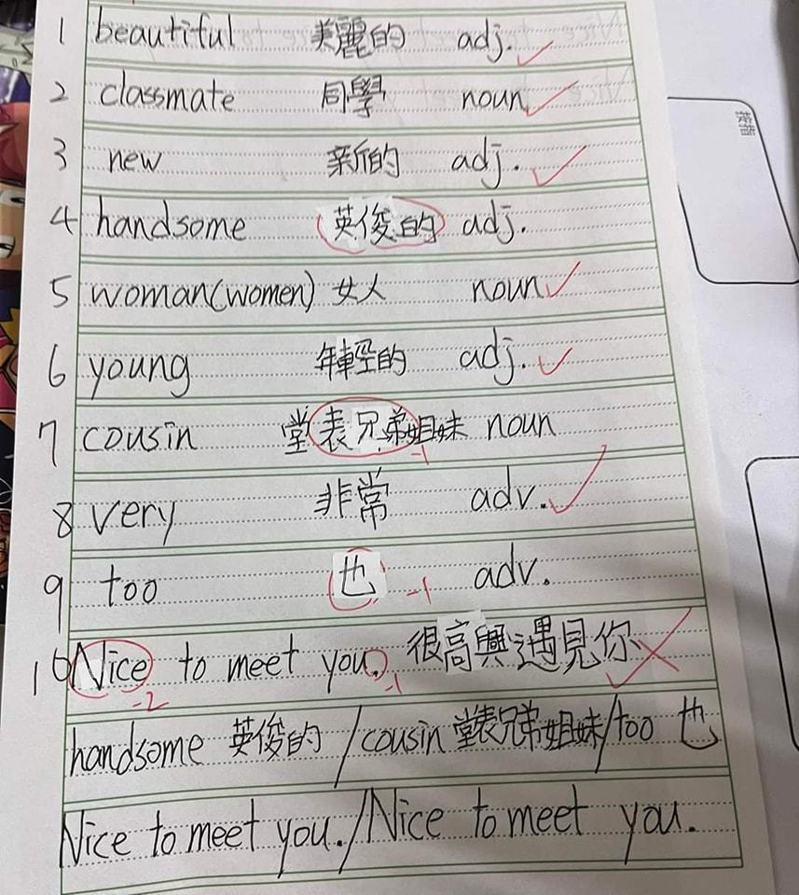 有名家長分享孩子的英文考卷，不解為何英文翻譯被規定要「中文一字不差」。圖擷自臉書「爆廢公社」