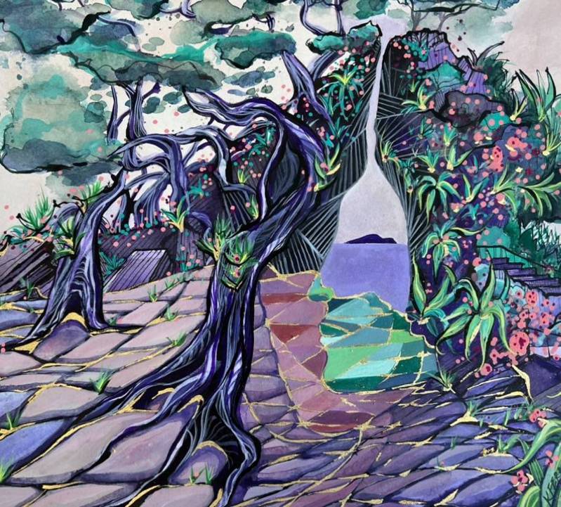 艾蘭心的畫作很特別，「北關海潮公園一線天」以一線天引入龜山島，石蹬如梯、老樹盤根錯節，圖中可見女神的側臉。圖／蘭燈空間提供