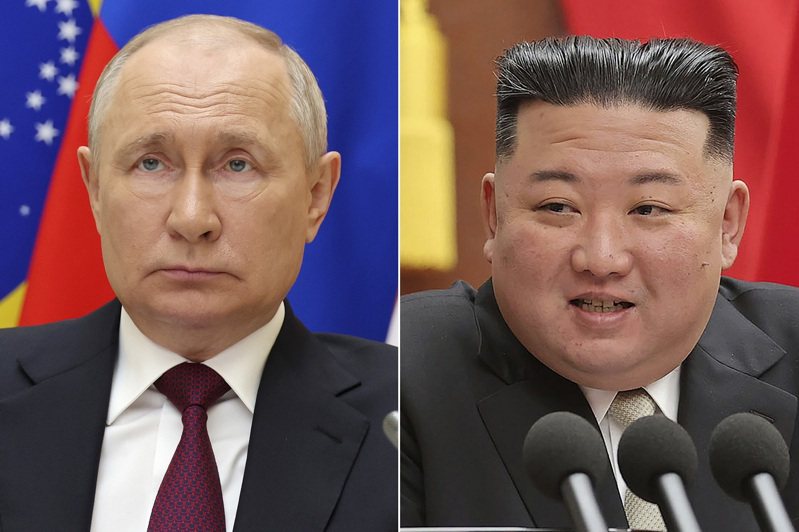 俄羅斯總統普亭（左）及北韓領導人金正恩。美聯社