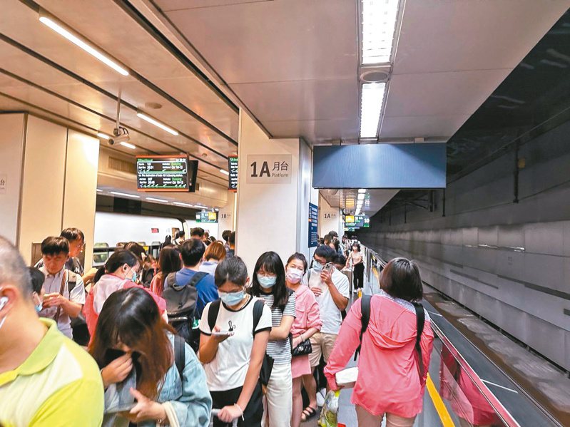 高鐵短程通勤高峰，自由座車廂滿載，台北站因月台不大，雙向候車月台人流排了好幾圈。記者周彥妤／攝影