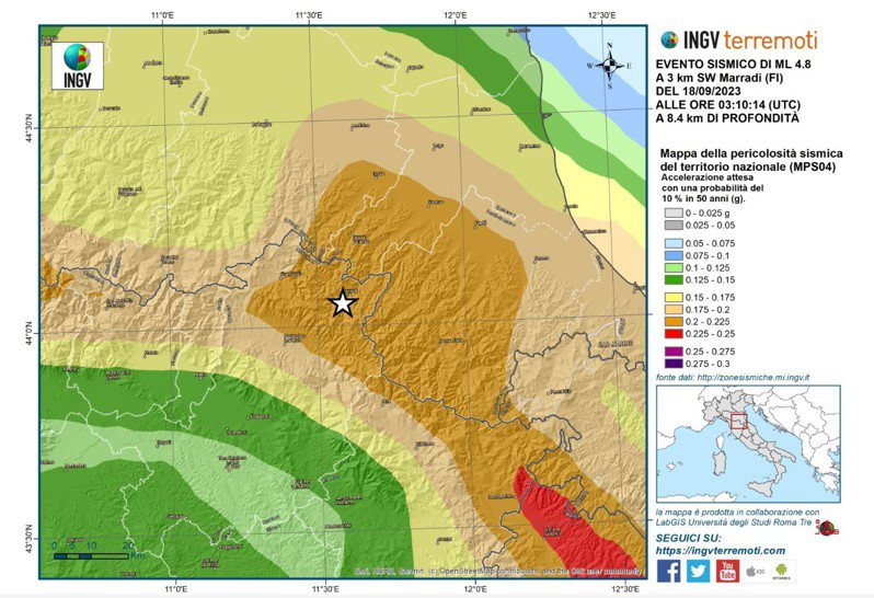 義大利中部的佛羅倫斯附近發生規模4.8地震。圖／截自INGV