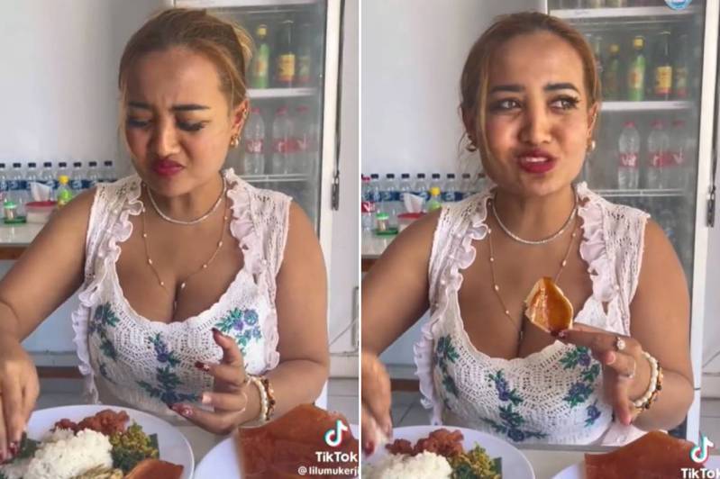 印尼女網紅麗娜上傳一段TikTok影片，拍到自己先唸一段伊斯蘭祈禱詞再吃豬皮，這段影片在以穆斯林為主的印尼遭廣泛譴責。圖／取自X