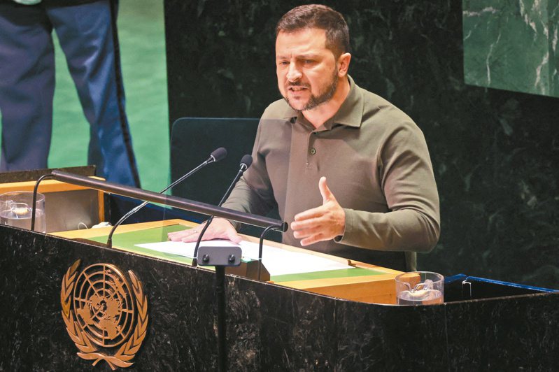 烏克蘭總統澤倫斯基十九日在聯合國大會發表演說。（法新社）
