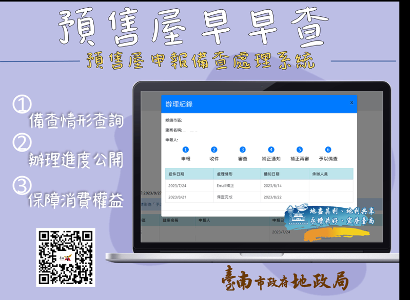 台南市地政局首創「預售屋早早查」系統，歡迎大眾多加利用。圖／地政局提供