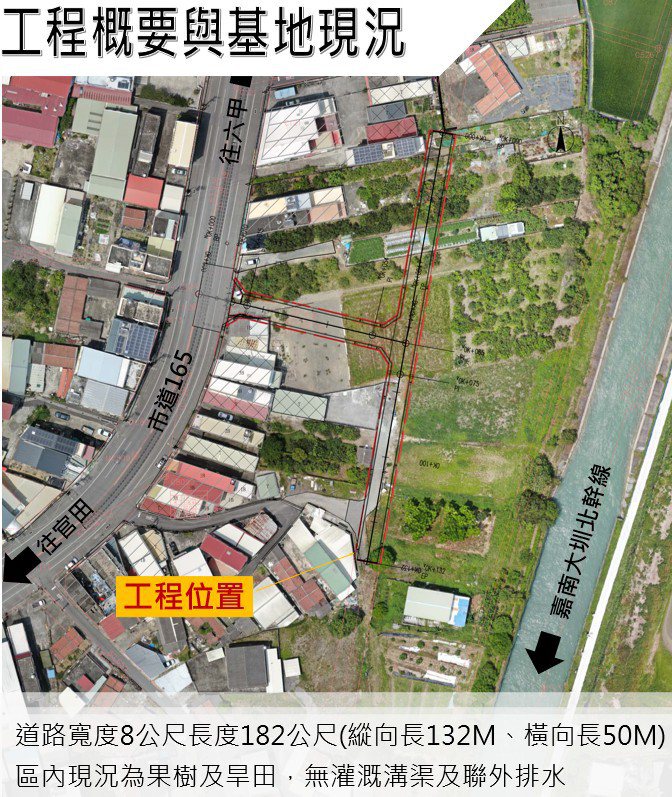 台南六甲西側外環道市道165線旁的計畫道路開闢工程，因在烏山頭考古遺址範圍停工迄今。圖／台南市工務局提供