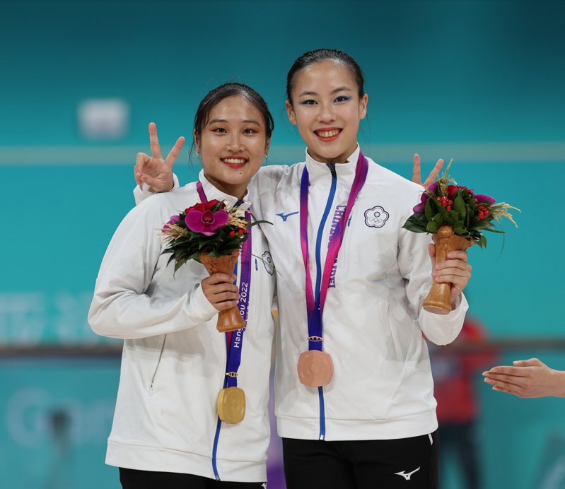 我國好手洪筱晴（左）與張緻如（右）為我國在滑輪女子花式項目金包銅。 圖／中華奧會提供