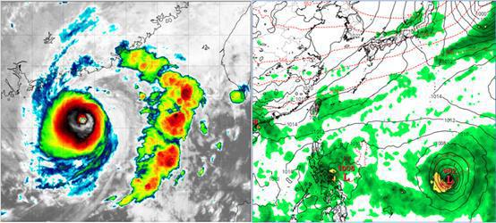 中颱小犬仍有清晰的颱風眼。歐洲模式10日20時模擬圖（右圖，取自tropical tidbits）顯示，國慶日為東北風型態，迎風面水氣多。2熱帶擾動中，1個在關島附近，另1個在呂宋島東側。圖／取自「三立準氣象.老大洩天機」專欄