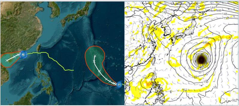 中央氣象署路徑潛勢預測圖（左圖）顯示，輕颱布拉萬在關島東南方海面，未來5天向西轉西北西再逐漸轉北，朝日本南方海面前進；小犬颱風在香港南方海面，向西緩慢移動，再向海南島前進。歐洲模式13日20時模擬圖（右圖，取自tropical tidbits）顯示，布拉萬在日本南方海面，有向東北迴轉、加速遠離的趨勢；另一熱帶擾動則通過菲律賓、進入南海後，逐漸發展。圖／取自「三立準氣象.老大洩天機」專欄