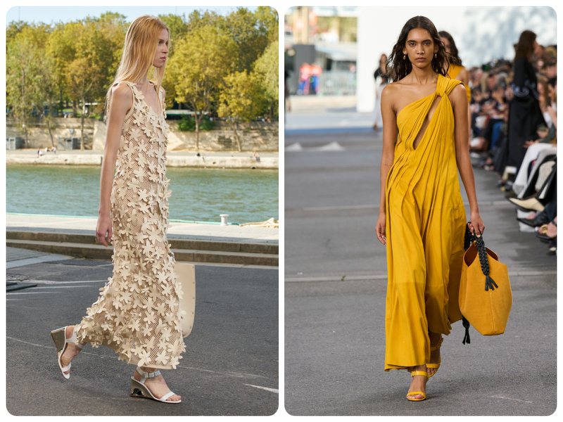 9月底Chloé在巴黎時裝周期間發表的2024春夏系列，以服裝探索著花朵的聖潔與幾何之美。圖／Chloé提供（合成圖）
