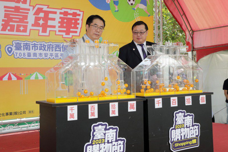 台南購物節好禮月月抽，市長黃偉哲（左）抽出大獎。圖／台南市政府提供