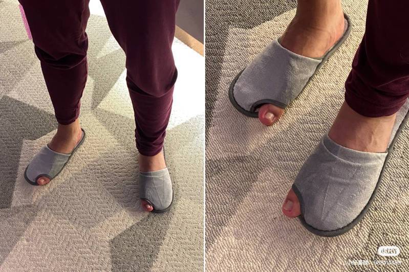 大陸一名網友發現飯店的拖鞋被開了2個大洞，好奇為什麼要這樣設計。圖／取自小紅書