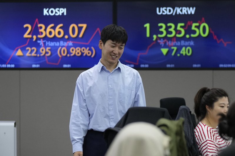 南韓股市6日大漲，此前監管當局宣布實施放空禁令。圖為一名外匯交易員經過KOSPI指數看板，圖為本月初資料照片。美聯社