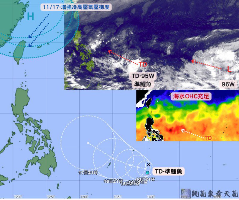 「觀氣象看天氣」粉專表示，預估鯉魚颱風生成後對台灣不會有直接影響，但根據模式預測，周末可能會間接增強冷高壓在台灣周邊的氣壓梯度，將使冷空氣威力增加。圖／取自「觀氣象看天氣」粉專