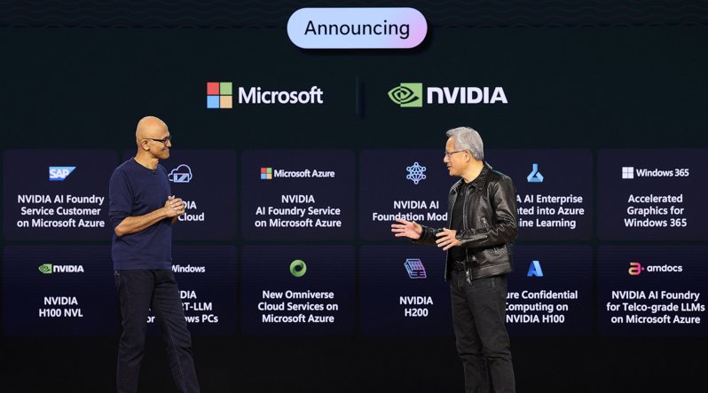 NVIDIA執行長黃仁勳與微軟執行長Satya Nadella於Mircosoft Ignite 2023大會同台。圖/NVIDIA提供