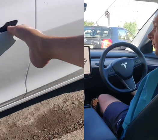 近日，英國一名41歲的無臂男貝茨（Richie Bates）在TikTok分享，自己用腳開特斯拉Model 3的影片，吸引不少網友關注。圖／擷自「TikTok」