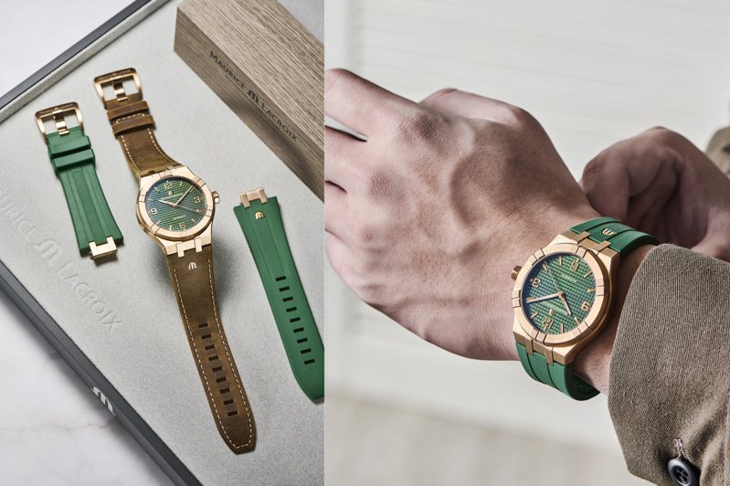 艾美表從善如流推出近年受到歡迎的綠色表盤，搭配青銅金材質表殼的限量腕表，被稱為「綠油金」的組合，果然很吸睛。圖／MAURICE LACROIX提供