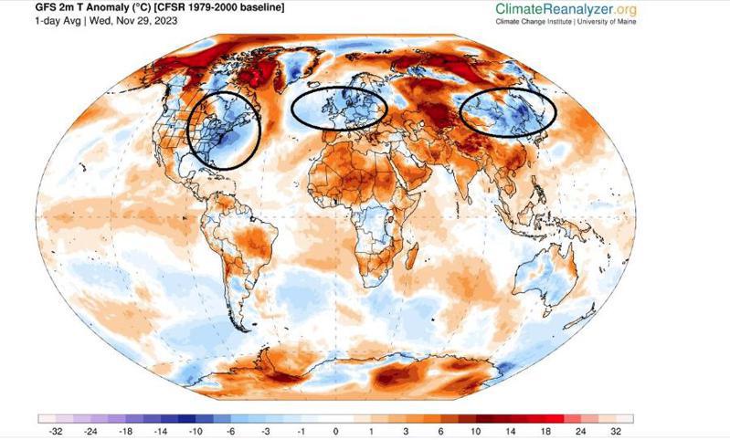 全球最近一天的氣溫距平圖。擷取自鄭明典臉書