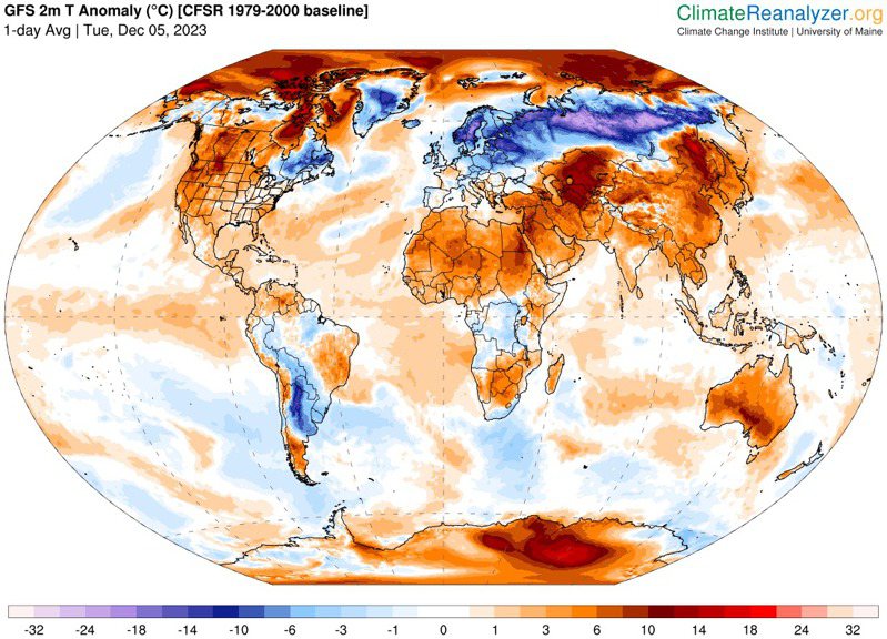 氣溫距平圖中，比較氣候值暖（棕色系）和冷（藍色系），可見強烈的冷暖對比。圖／取自鄭明典臉書