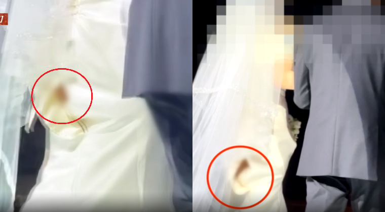 南韓有一名新娘，在牽著父親的手步入禮堂時，賓客尷尬發現她的婚紗下半部破了大洞，屁股蛋一覽無遺，春光外洩。 圖／擷自南韓媒體「JTBC」
