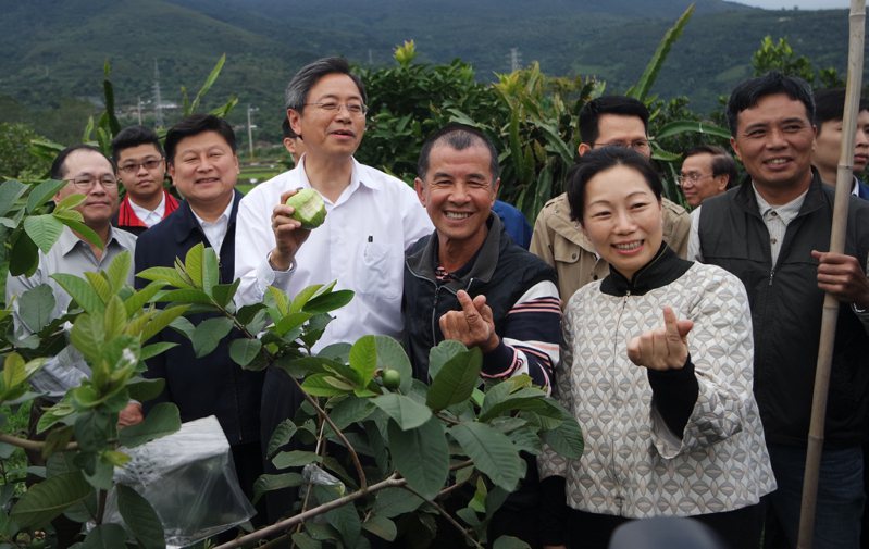 2016年時任行政院長張善政（左3）等人拜訪「不倒農夫」楊文港（左4），請益農事。本報資料照片