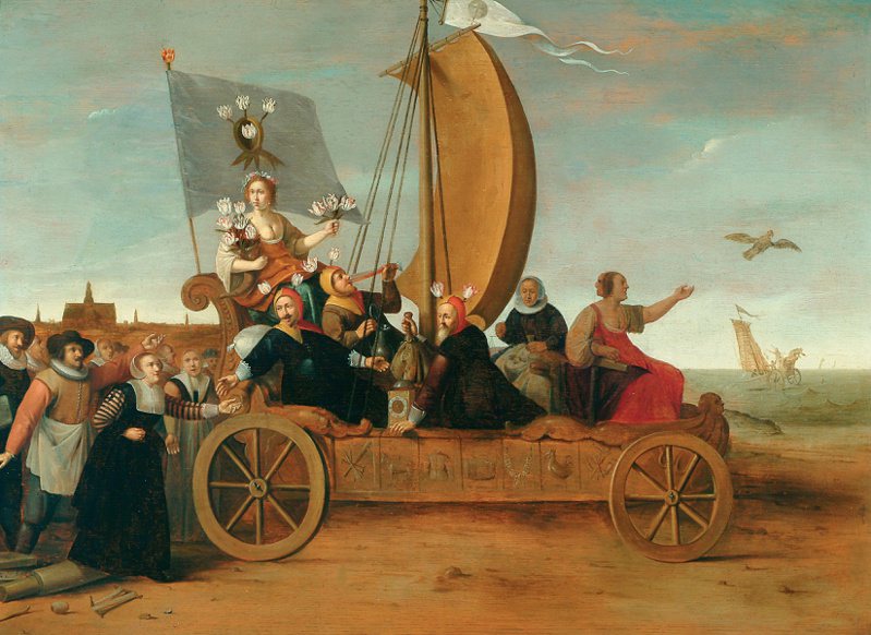 荷蘭黃金時代的畫家亨德里克•格里茨•波特（Hendrik Gerritsz Pot），有一幅關於「鬱金香狂熱」的譏諷畫作，描繪泡沫經濟的社會況味。圖／來自wikidata