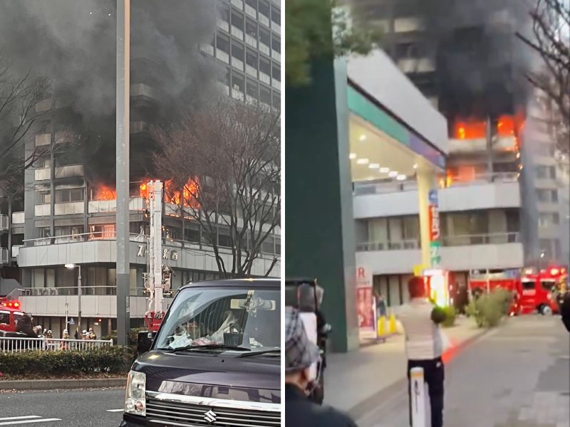 日本東京都新宿區1棟12層樓高的公寓發生火災，已知7人受傷，但傷勢不明。圖／翻攝自X