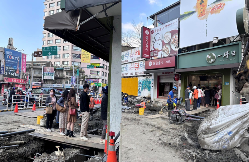 網友透露，一沐日板橋三民店店外正在道路施工，但仍有一堆民眾站在木板搭建的通道上，排隊等飲料。圖／擷自「路上觀察學院」