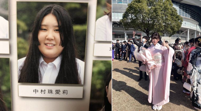中村珠愛莉PO出高中畢業照（左）和「成人之日」照（右），對比自己過去幾年來減肥成功的心路歷程。 圖／翻攝自X平台帳號@9ninecat_ X