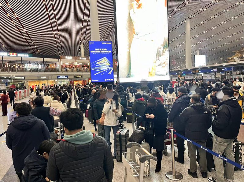 1月11日早上六點多的北京首都機場，有許多在北京生活的台灣人，或來自其他城市的轉機者，排隊等待行李托運。圖／讀者提供
