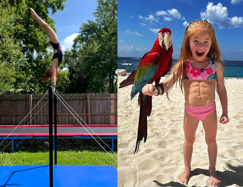美國洛杉磯一名7歲的女童金莉（Kynlee）在健美比賽中，展現出完美的六塊腹肌，成功奪得冠軍，引起網友熱議。圖／擷自IG