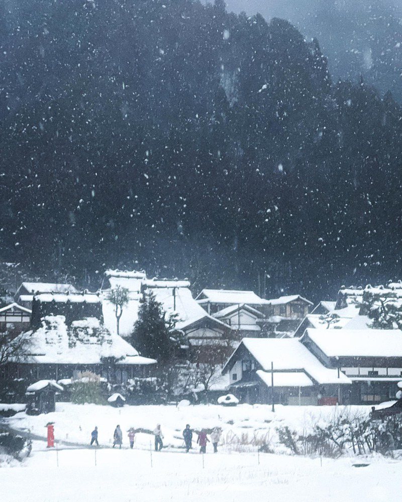 日本京都美山町茅草屋聚落雪中有如童話世界，是熱門觀光景點。 圖／臉書粉專「Shushu 自由研究所」授權
