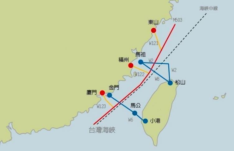 M503航線及銜接的3W航路示意圖，由於M503航線接近台灣海峽中線，過去就曾引發兩岸角力。製圖／聯合報
