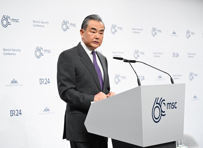 大陸外長王毅在慕尼黑安全會議「中國專場」發表演說時強調，中國將堅定做動盪世界中的穩定力量。（新華社）