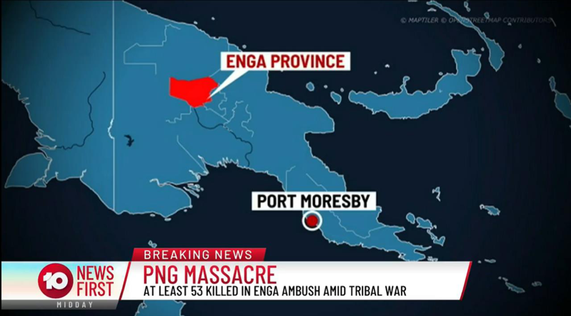 太平洋國家巴布亞紐幾內亞北部高地恩加省18日爆發部落衝突，雙方陷入槍戰造成至少53人死亡，官方預計死亡人數將持續增加。。取自X