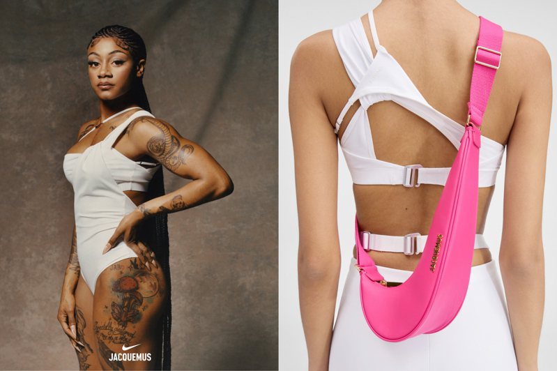 設計師品牌Jacquemus再度與Nike聯名，有多款服飾之外，更有以Nike代表性的Swoosh Logo為靈感而設計的包包，引起熱烈討論。圖／摘自Jacquemus官網、Nike提供