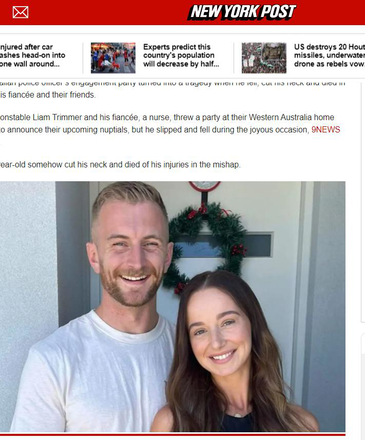 澳洲29歲警察利亞姆日前在訂婚派對上滑倒，慘死未婚妻與親友面前。擷自紐約郵報