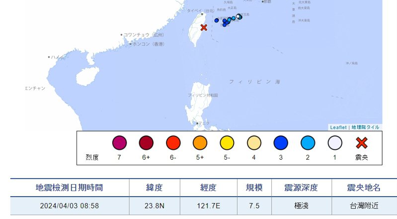 今天上午7點58分左右台灣發生有感規模7.2有感地震，但日本氣象廳偵測規模卻顯示為規模7.5。圖／取自日本氣象廳