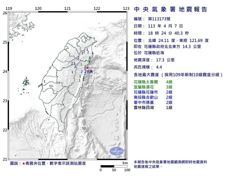 根據中央氣象署最新資訊，今天晚間6時24分發生芮氏規模4.4地震，地震深度17.3公里。圖／取自氣象署網站