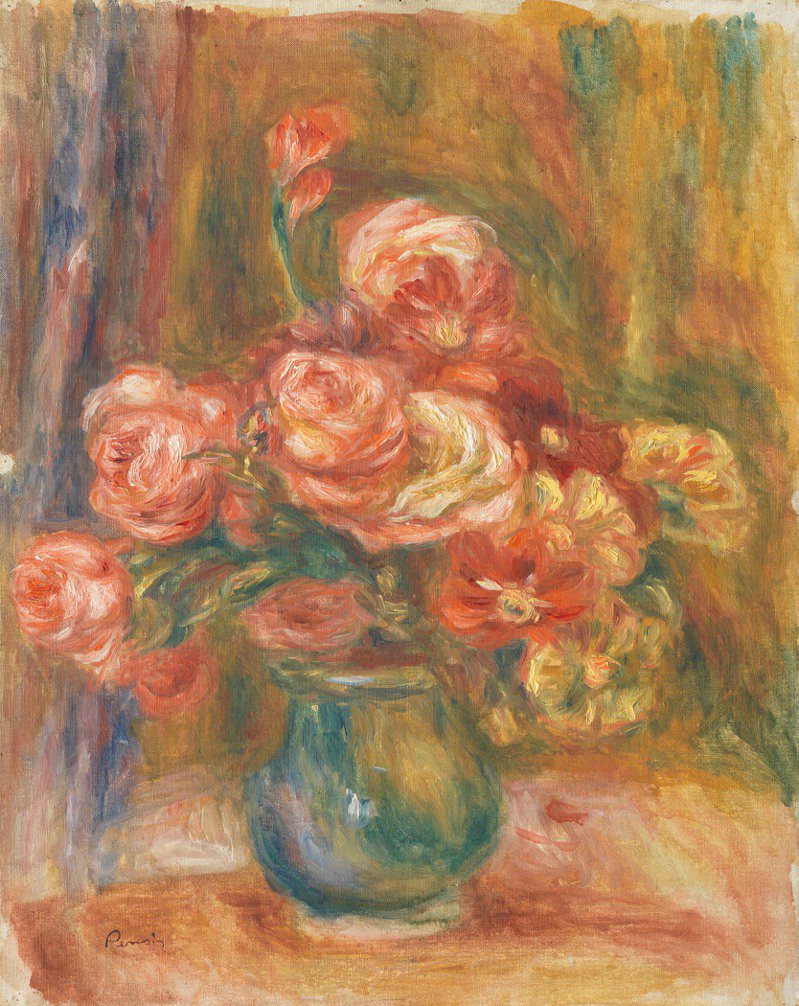 雷诺瓦 (Pierre-Auguste Renoir, 1841-1919)，〈装著玫瑰的花瓶〉，约作于1890-1900年，油画画布，58 x 43 cm，Los Angeles County Museum of Art, Gift of Jean and Dido Renoir, photo © Museum Associates/LACMA。 富邦金控／提供