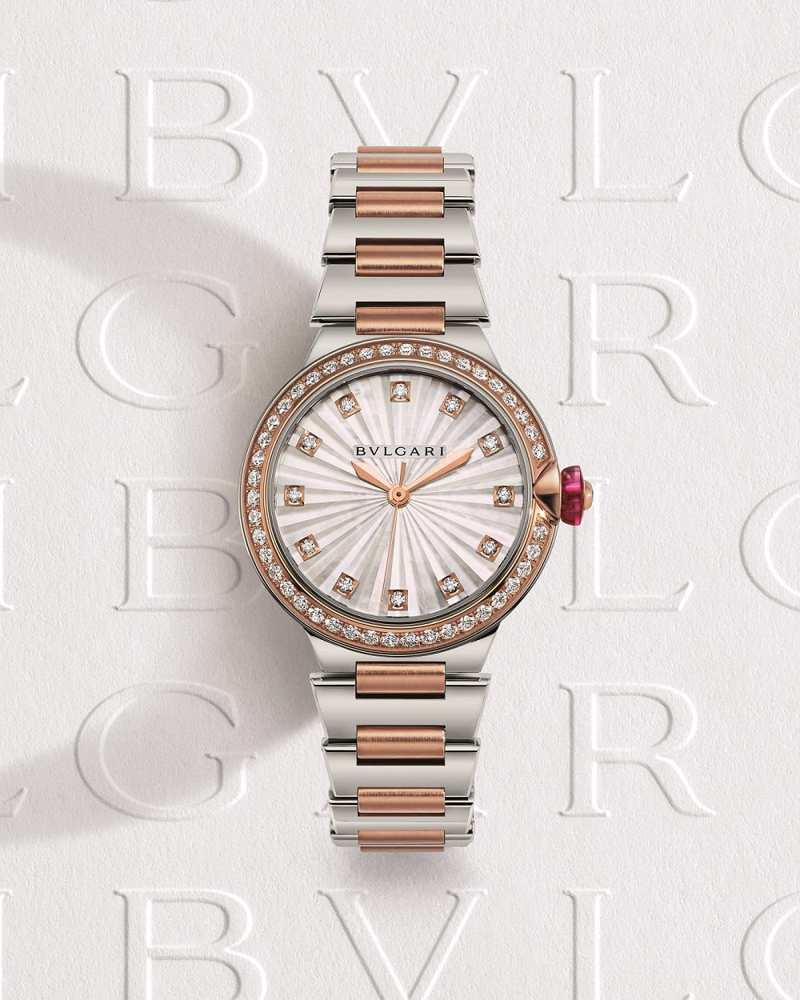 BULGARI LVCEA白色珍珠母贝面盘精钢与玫瑰金镶钻腕表。图／宝格丽提供