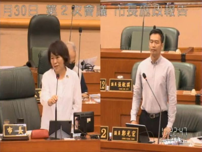 嘉义市长黄敏惠（左）答询时表示，嘉义市从不缺计划，缺的是中央的支持与鼓励。图／翻摄画面