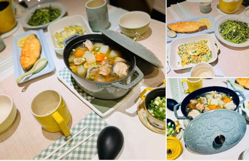 Lydia Lee用皆川明设计的海洋椭圆锅煮草菇萝卜鸡汤，令人食指大动。图/截取自网路Facebook平台我爱Staub铸铁锅社团