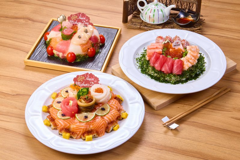大渔回转寿司以生鱼片与海鲜食材为主角，推出母亲节限定蛋糕。图／大渔餐饮提供
