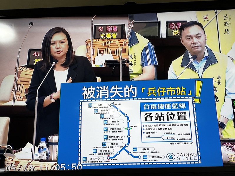 市議員林燕祝在議會關切台南捷運第1期藍線取消「兵仔市站」。記者吳淑玲／攝影