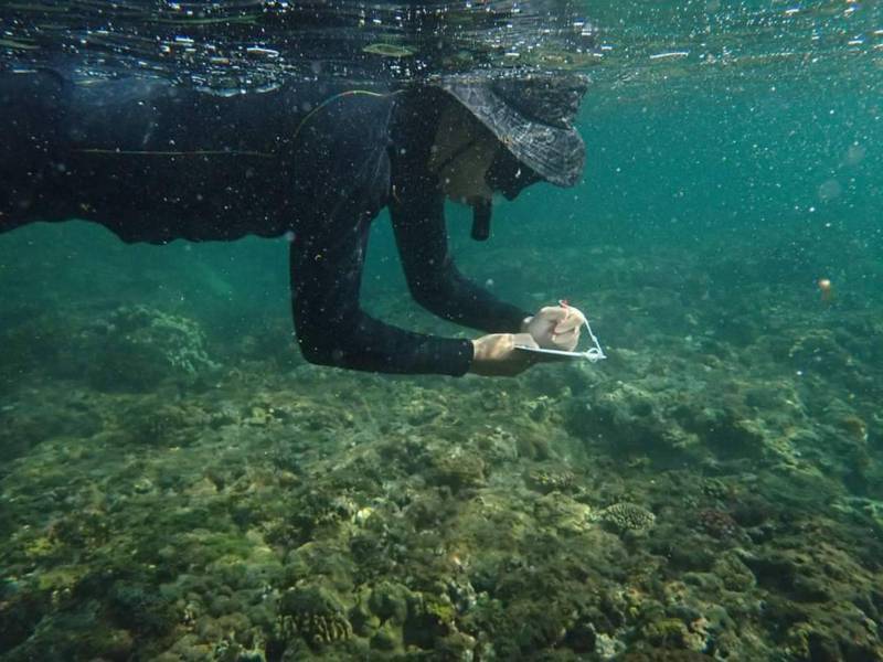 学员实际操作水底珊瑚礁检测。图／刘文宏提供