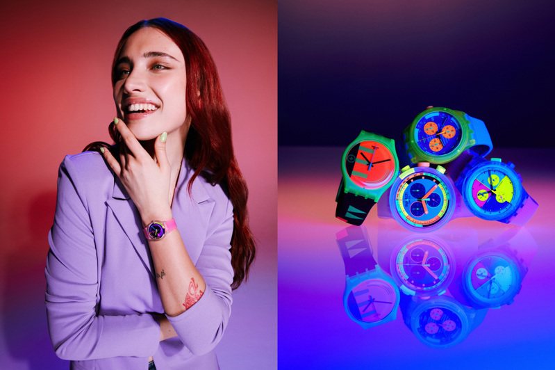 初夏到來，Swatch的NEON系列腕表再度推出全新配色，搶眼又吸睛的設計，直接就能搭配出最潮夏季造型。圖／Swatch提供